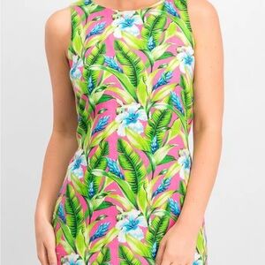 Tommy Bahama Tulum Blooms Pink and Green Floral Linen Dress w/pockets